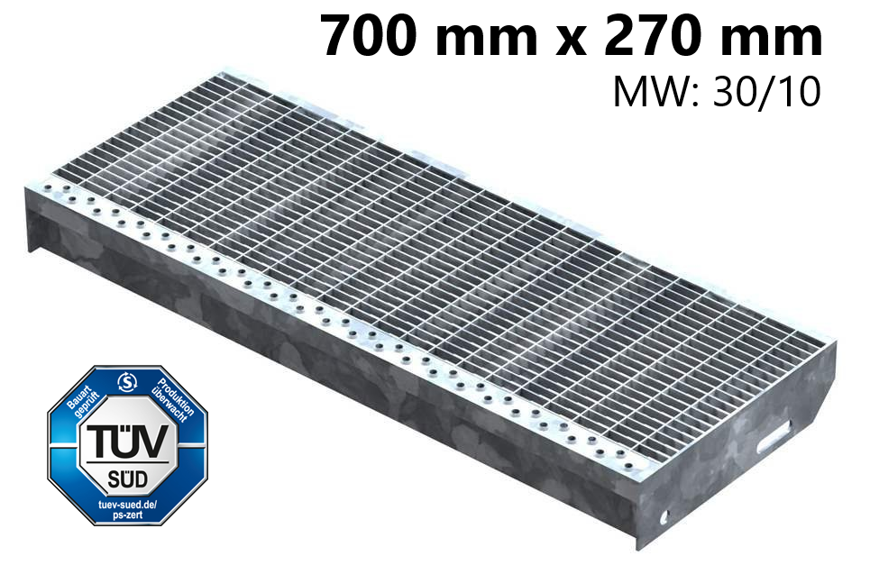 Marche en caillebotis Marche d'escalier | Dimensions : 700x270 mm 30/10 mm | S235JR (St37-2), galvanisé à chaud en bain complet