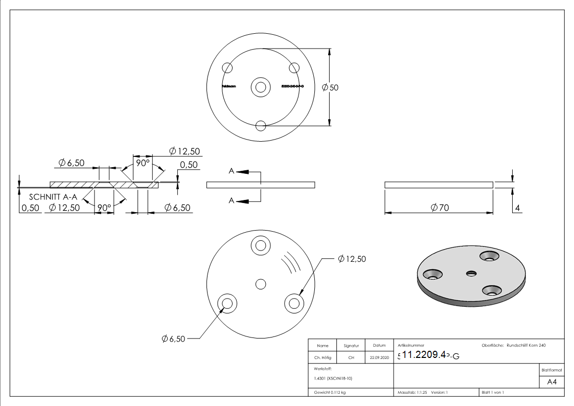 Plaque d'ancrage Ø 70 x 4 mm avec trou de centrage : Ø 6,5 mm | V2A
