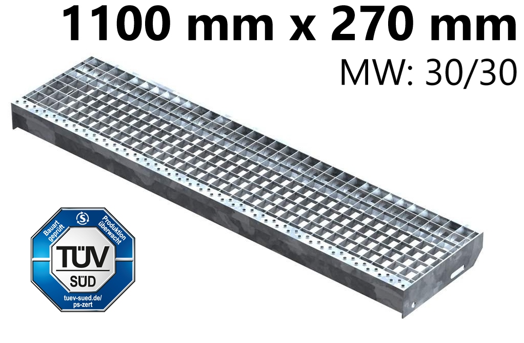 Marche en caillebotis Marche d'escalier | Dimensions : 1100x270 mm 30/30 mm | S235JR (St37-2), galvanisé à chaud en bain complet