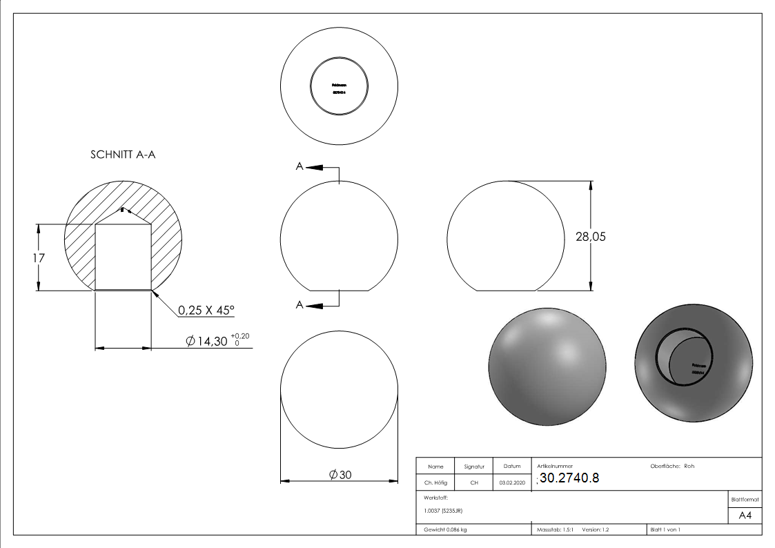 Boule Ø 30 mm | avec trou borgne 14,2 mm | acier S235JR, brut