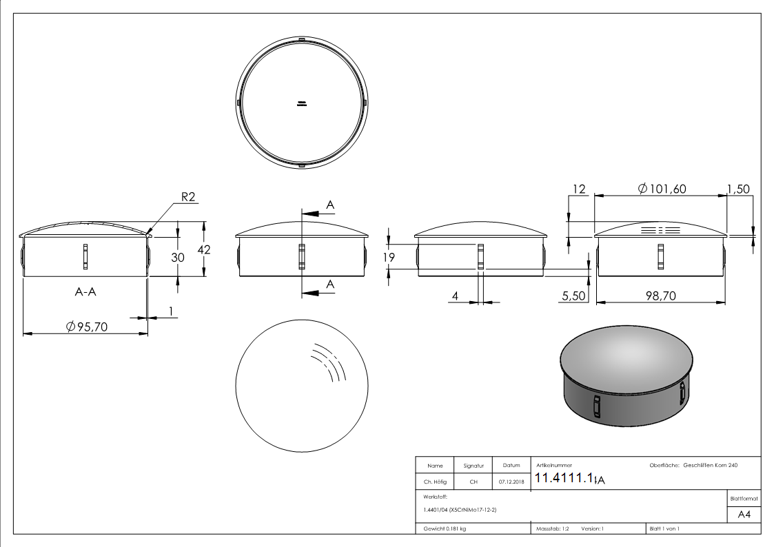 Bouchon légèrement bombé pour Ø 101,6x2,0-2,6 mm coulé V4A