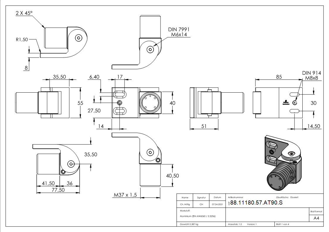 Charnière de porte 180° à fermeture automatique avec butée vissable