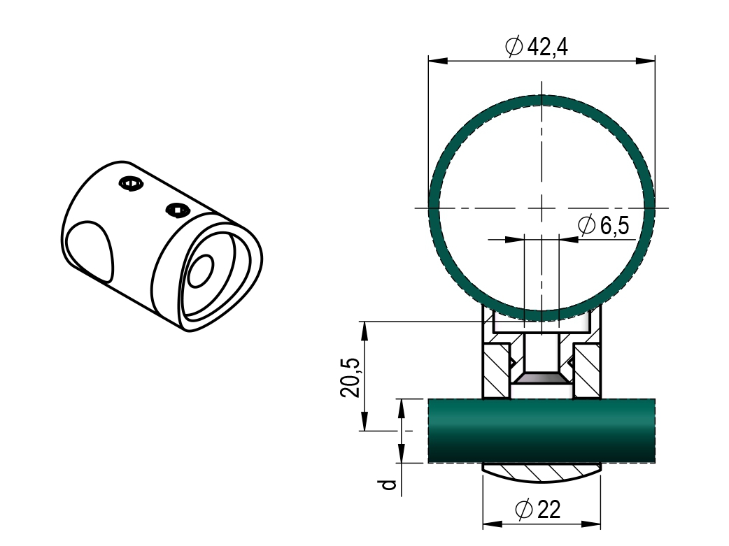 Support de barre transversale Ø 22 mm | connexion : 42,4 mm | avec trou : 12,2 mm | V2A