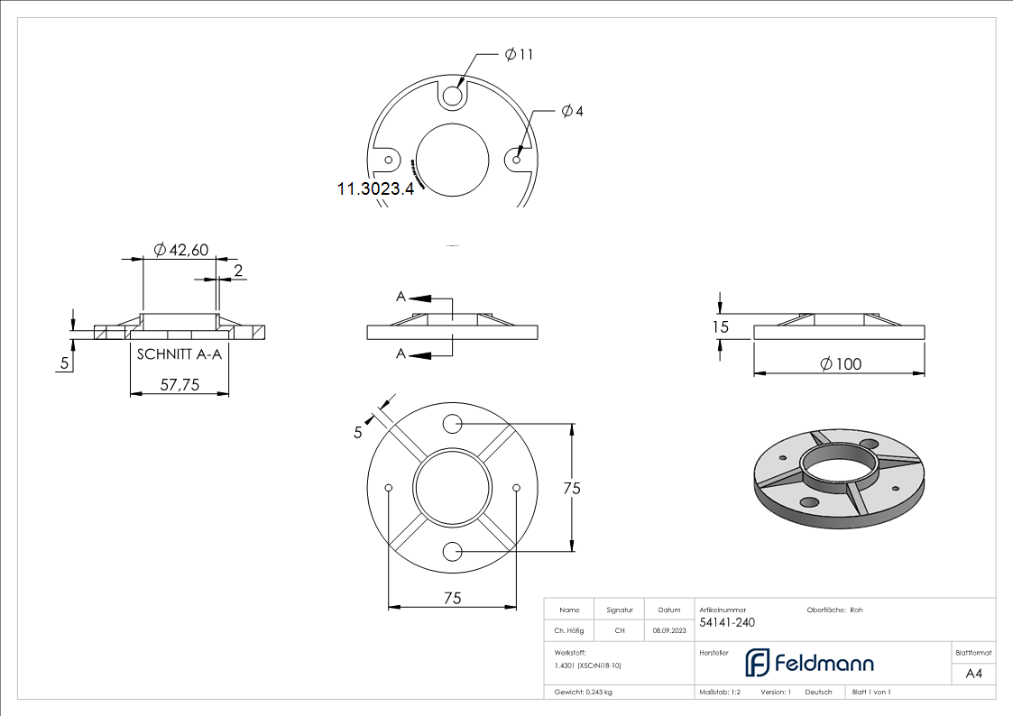 Plaque d'ancrage | dimensions : Ø 100x6 mm | pour tube rond : Ø 42,4 mm | V2A
