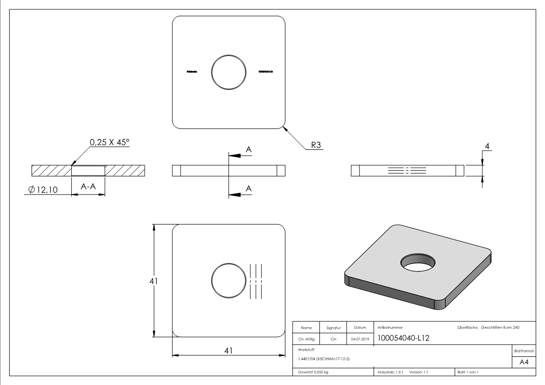 V4A capuchon plat pour QR 40x40 avec trou