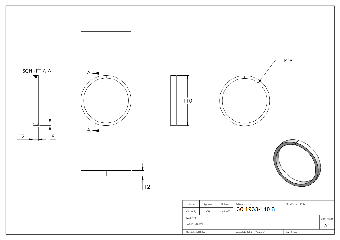 Anneau | Matériau : 12x6 mm | Ø extérieur 110 mm | Acier S235JR, brut