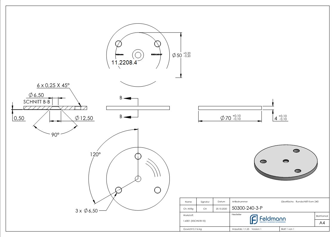 Plaque d'ancrage Ø 70 x 4 mm avec trou de centrage : Ø 6,5 mm | V2A