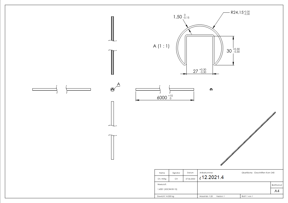 Tube rainuré | dimensions : Ø 48.3x1.5 mm | avec rainure : 27x30 mm | longueur : 6000 mm | V2A