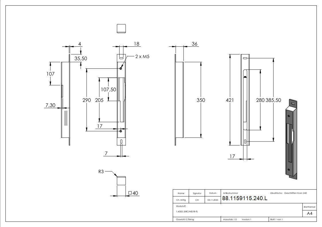 Boîte de comptoir en acier inoxydable pour 40mm, DIN L
