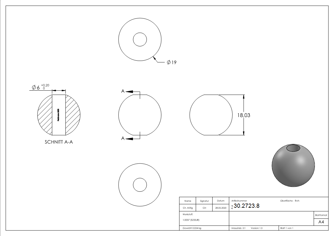 Boule d'annicier | Ø 19 mm tête | Ø 5 mm trou | acier S235JR, brut