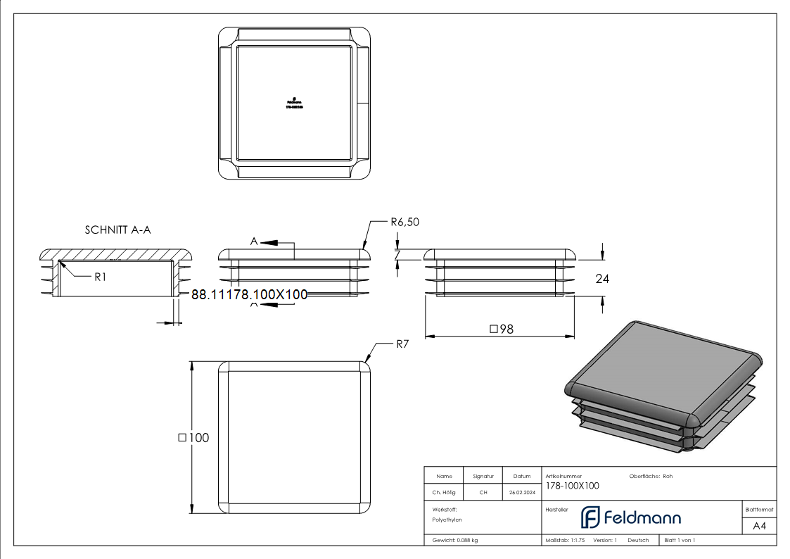 Capuchon plastique pour tube carré 100x100mm