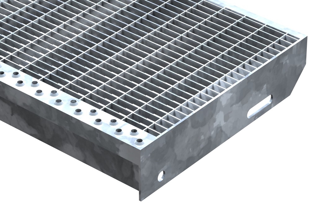Marche en caillebotis Marche d'escalier | Dimensions : 1000x305 mm 30/10 mm | S235JR (St37-2), galvanisé à chaud en bain complet