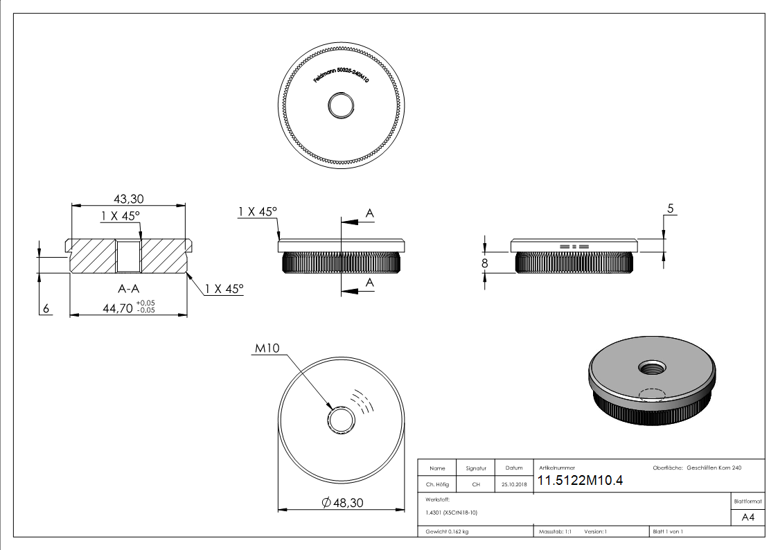 Bouchon plat avec M10 pour Ø 48,3x2,0 mm V2A matériau plein