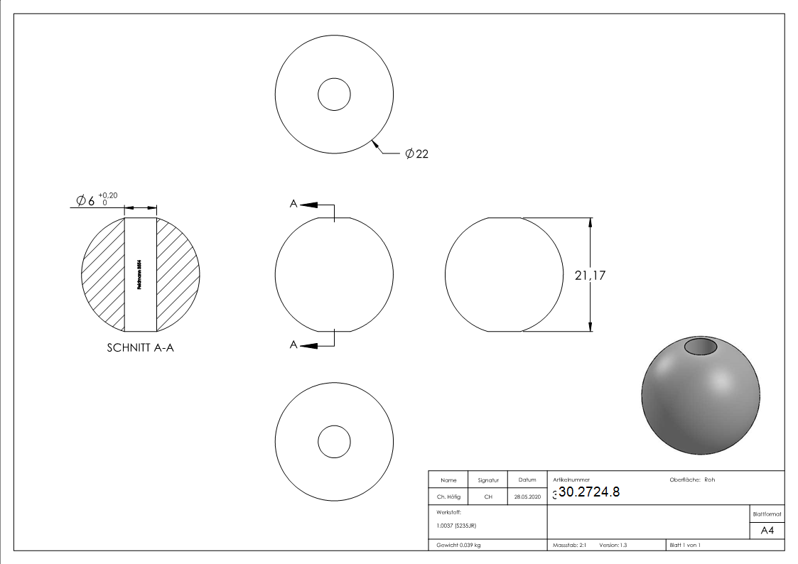 Bille d'annicier | Ø 22 mm tête | Ø 6 mm alésage | acier S235JR, brut