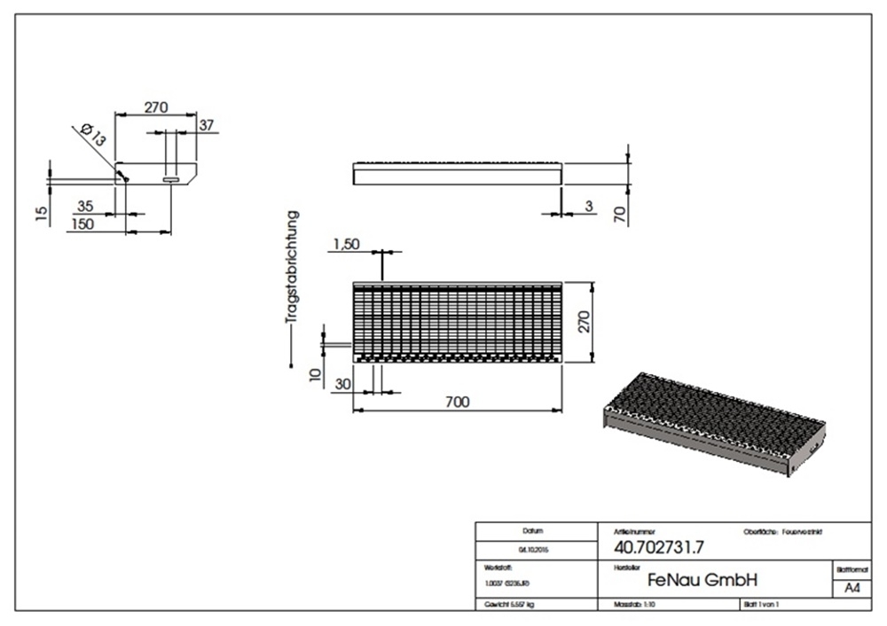 Marche en caillebotis Marche d'escalier | Dimensions : 700x270 mm 30/10 mm | S235JR (St37-2), galvanisé à chaud en bain complet