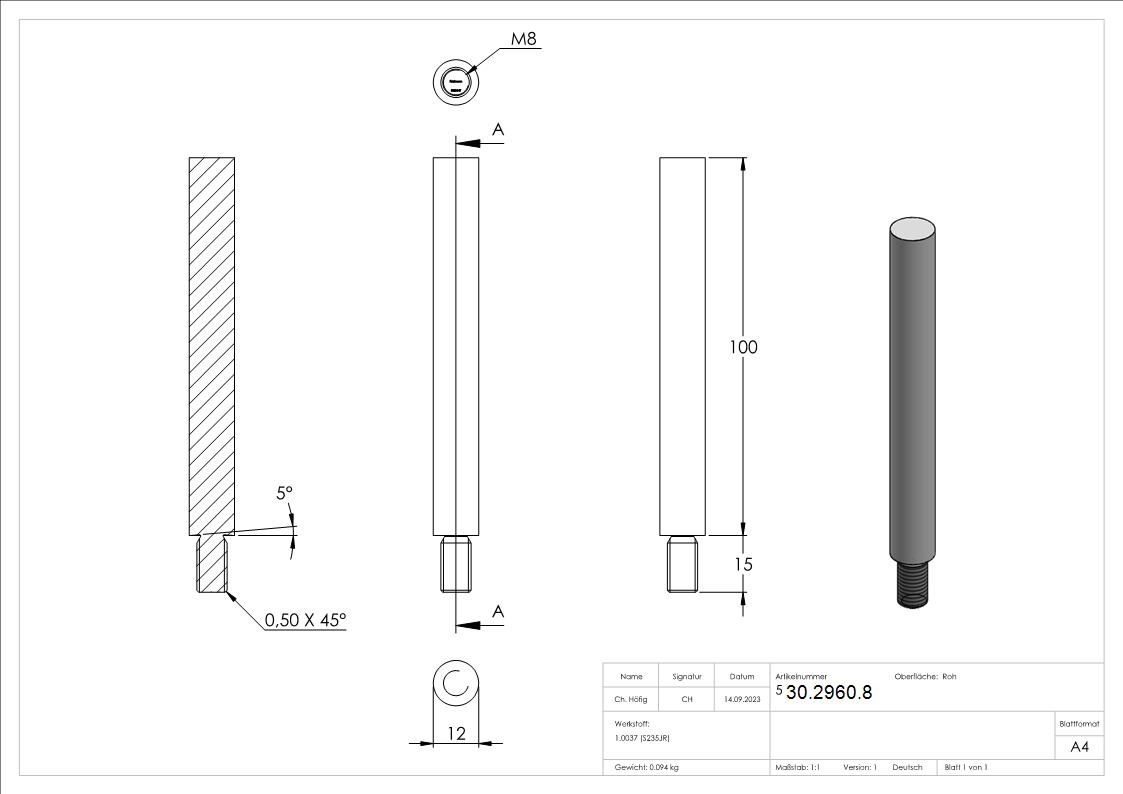 Goupille en acier | avec filetage M8 | dimensions : 100x12 mm | acier (brut) S235JR