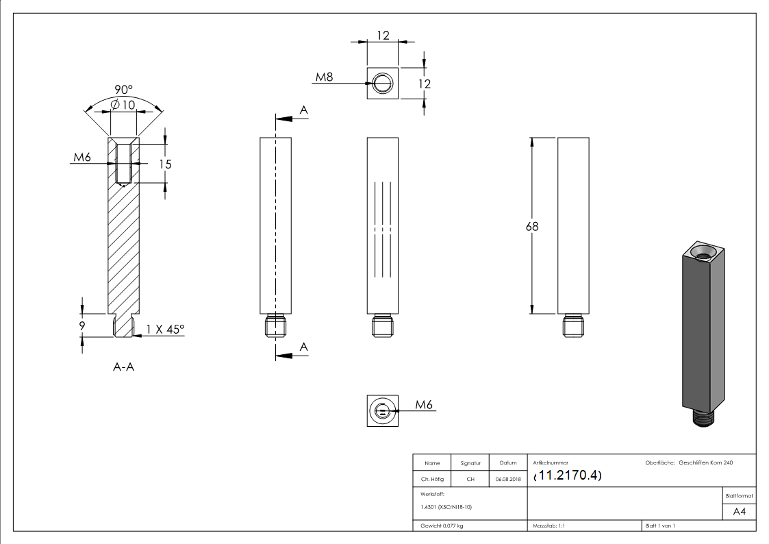 Goupille carrée | dimensions : 68x12x12 mm | avec filetage extérieur et intérieur | V2A