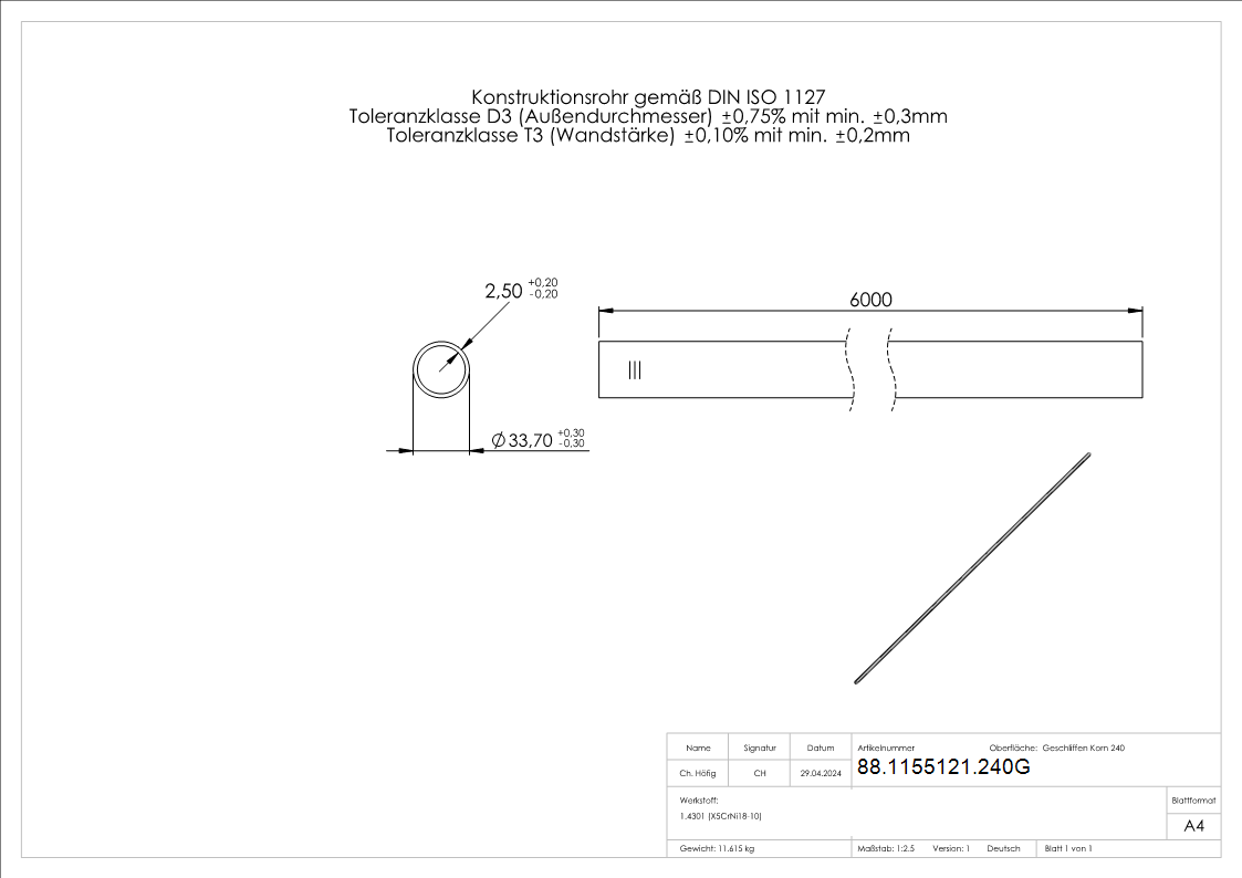 Tube en acier inoxydable recuit, 33,7 x 2,5mm, longueur : 6000mm