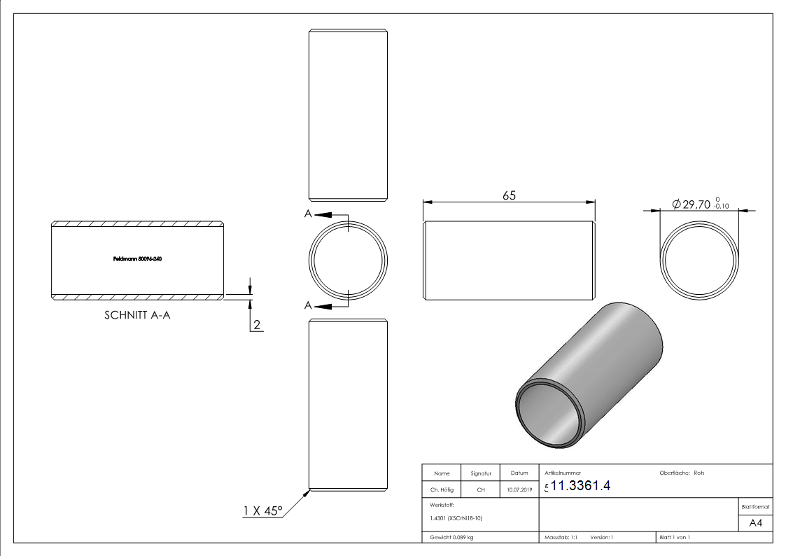 Manchon de raccordement pour tube rond Ø 33.7x2.0 mm V2A