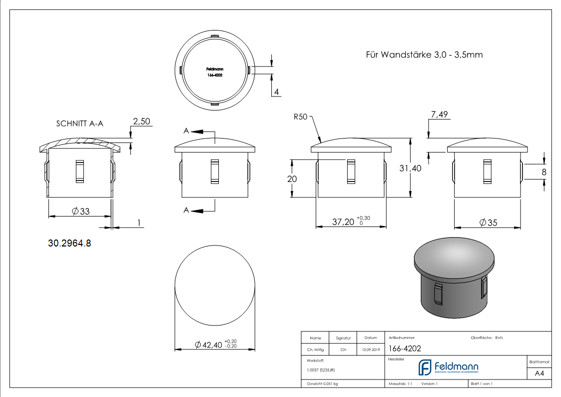 Bouchon en acier | légèrement bombé | pour tube Ø 42,4 x 3,0-3,5 mm | acier (brut) S235JR