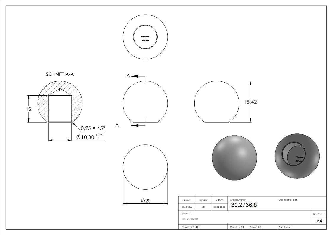 Boule Ø 20 mm | avec trou borgne 10,2 mm | acier S235JR, brut