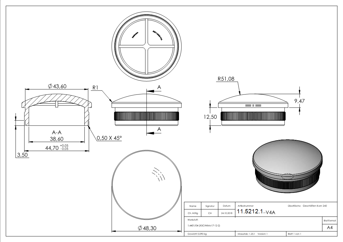 Bouchon légèrement bombé V4A coulé pour Ø 48,3x2,0 mm