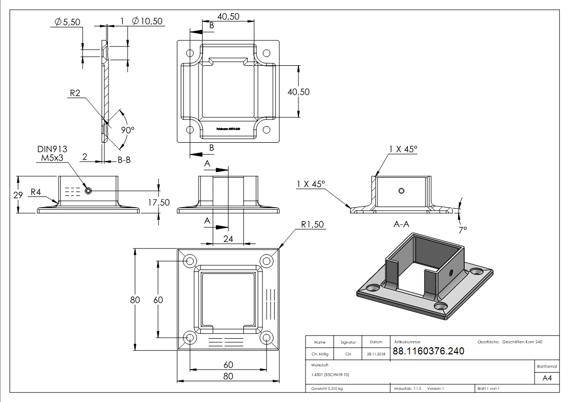 Fixation murale pour tube rainuré 40x40mm, V2A