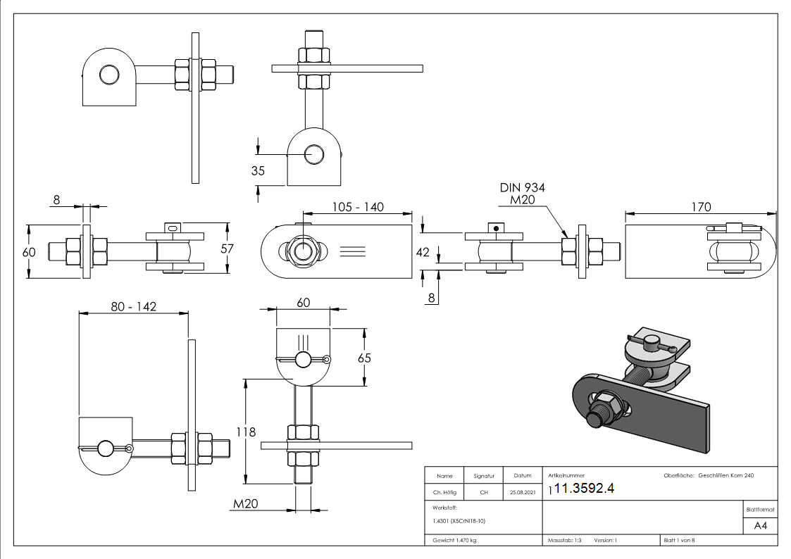 Charnière de portail | M20 | 180° | réglable | V2A