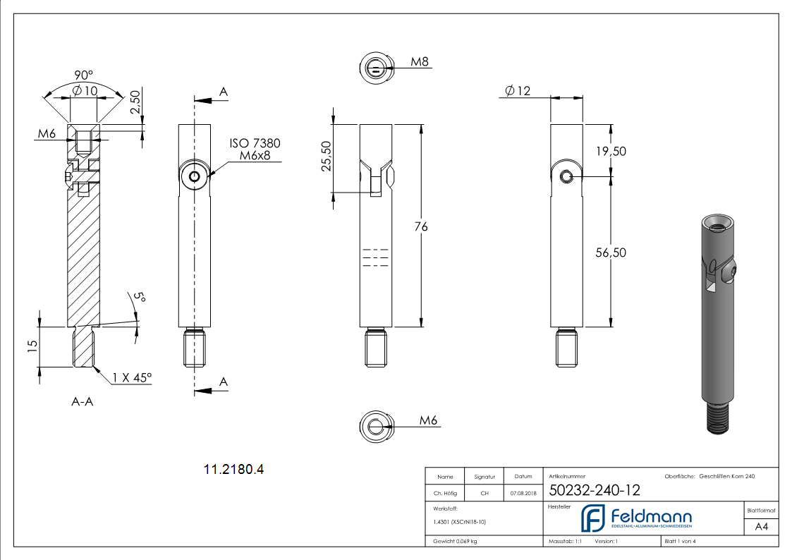 Goupille - dimensions : 75x12 mm | avec articulation filetage extérieur - et intérieur | V2A