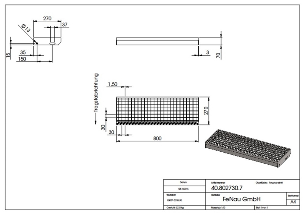 Marche en caillebotis Marche d'escalier | Dimensions : 800x270 mm 30/30 mm | S235JR (St37-2), galvanisé à chaud en bain complet