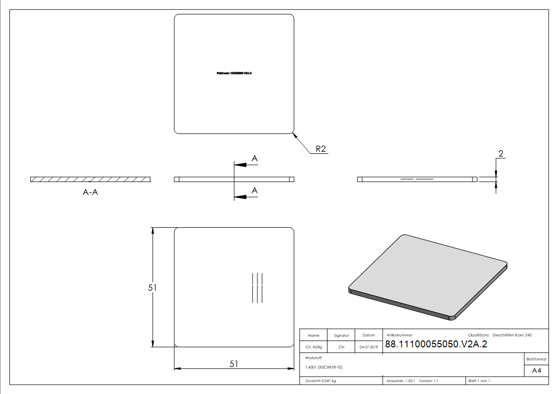 V2A capuchon plat pour QR 50x50