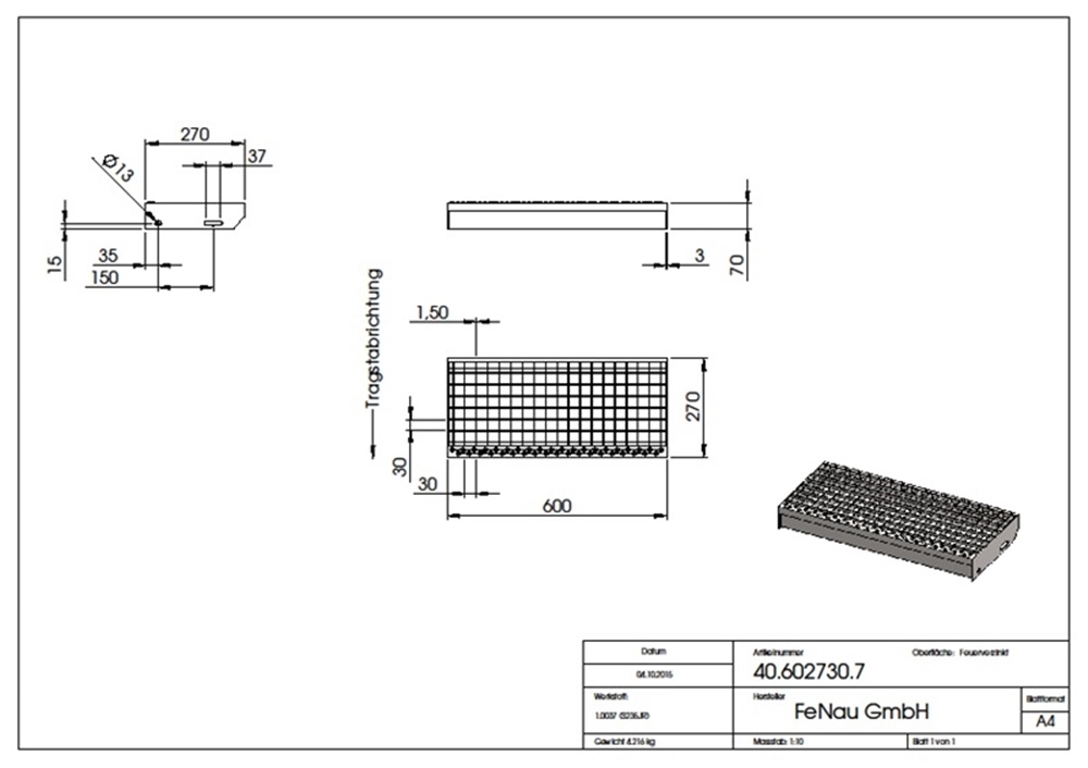 Marche en caillebotis Marche d'escalier | Dimensions : 600x270 mm 30/30 mm | S235JR (St37-2), galvanisé à chaud en bain complet