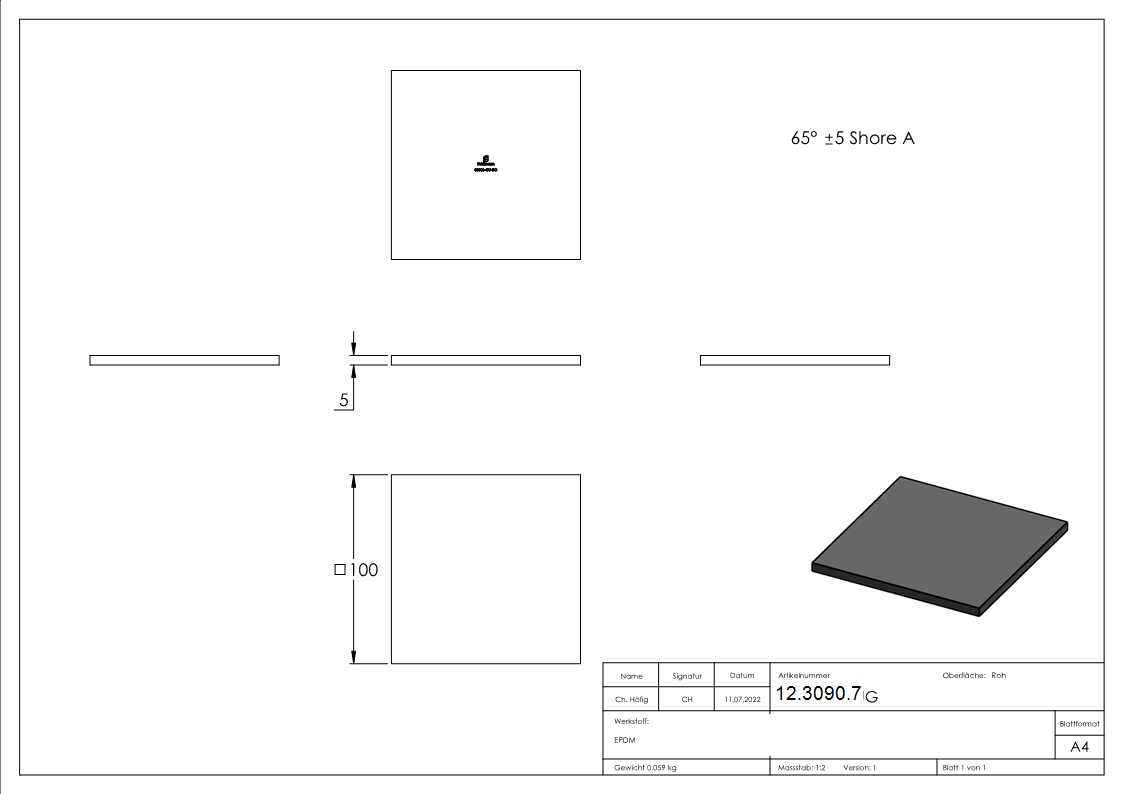Sous-couche caoutchouc | pour profilé aluminium | 100x100x5 mm | pour verre 12.76-13.52 mm