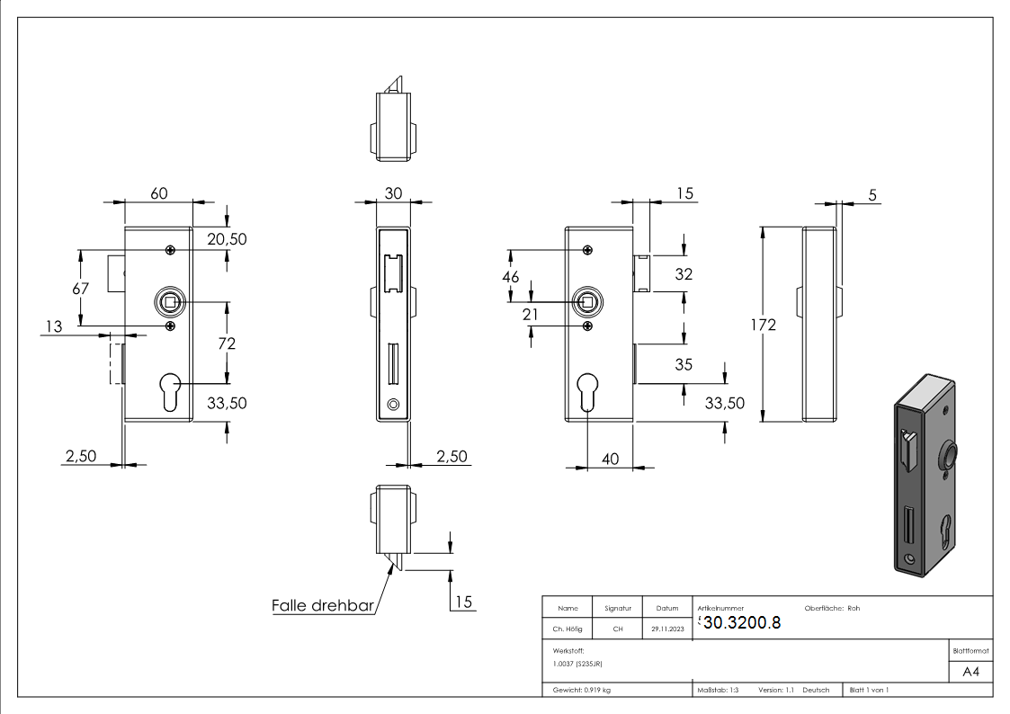 Boîtier de fermeture | Dimensions : 173x60x30 mm | Mandrin : 40 mm | Acier (brut) S235 JR