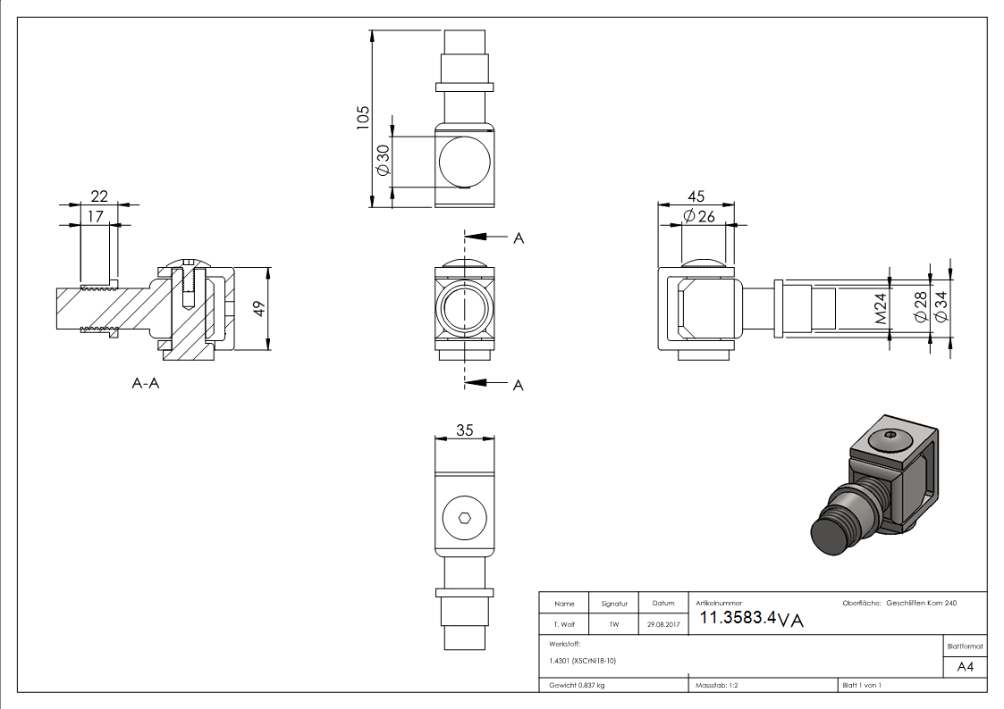Charnière de portail | M24 | à souder | réglable | V2A