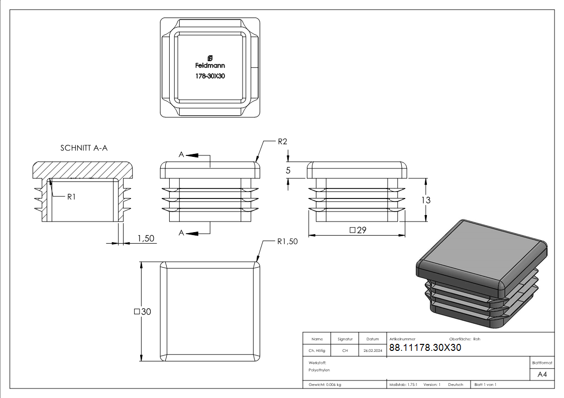 Capuchon plastique pour tube carré 30x30mm