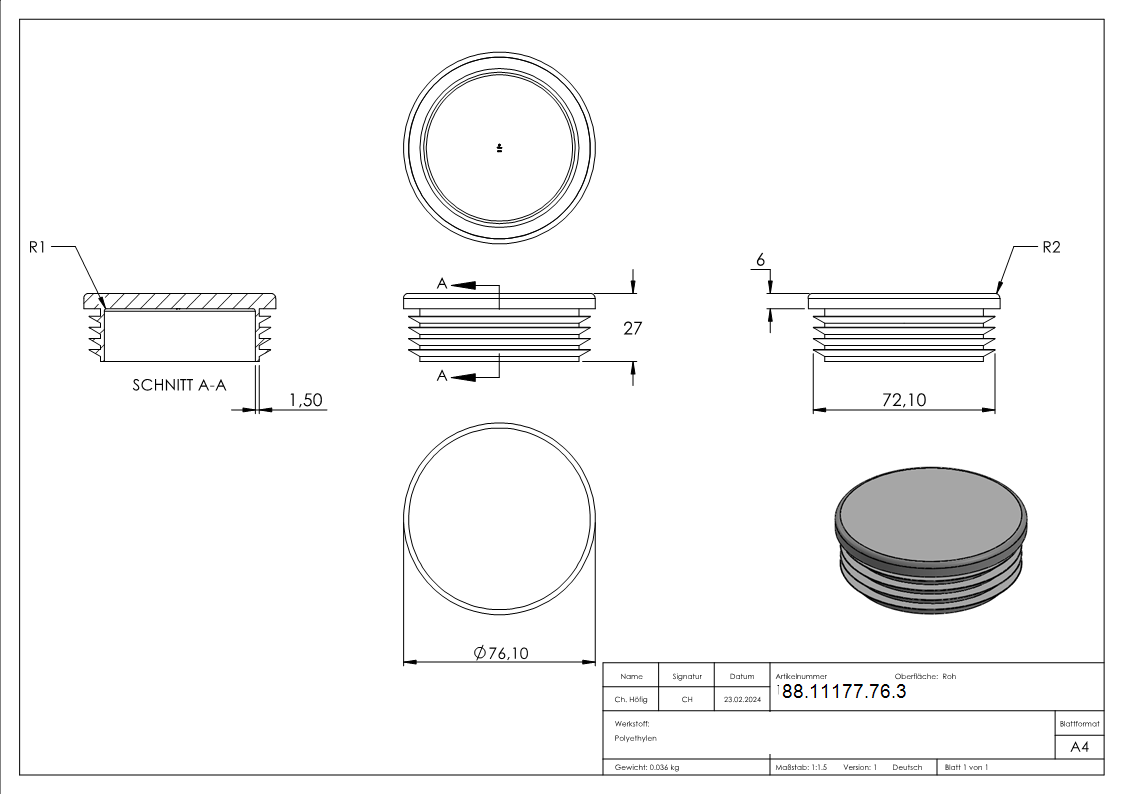 Capuchon en plastique pour tube rond 76.1mm