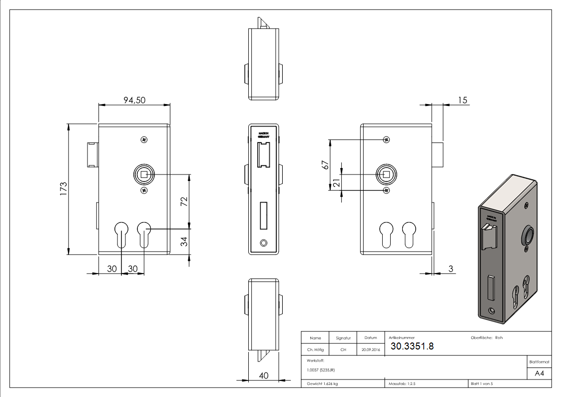 Boîtier de serrure | pour 2 cylindres profilés | dimensions : 40x94,5x173 mm | acier S235JR, brut