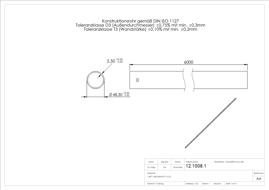 Tube rond Ø 48.3 x 2.6 mm á 6 m