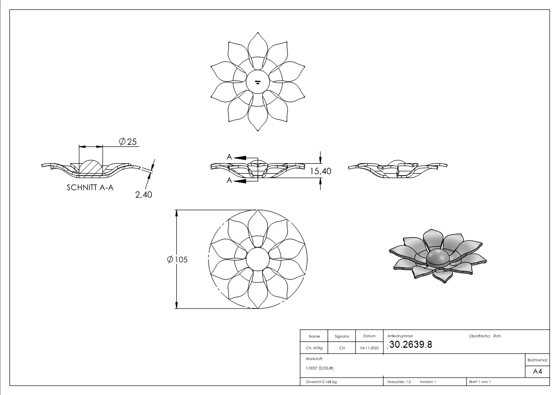 Rosette / Ornement | Fleur sans tige Ø 110x5 mm | Acier (brut) S235JR