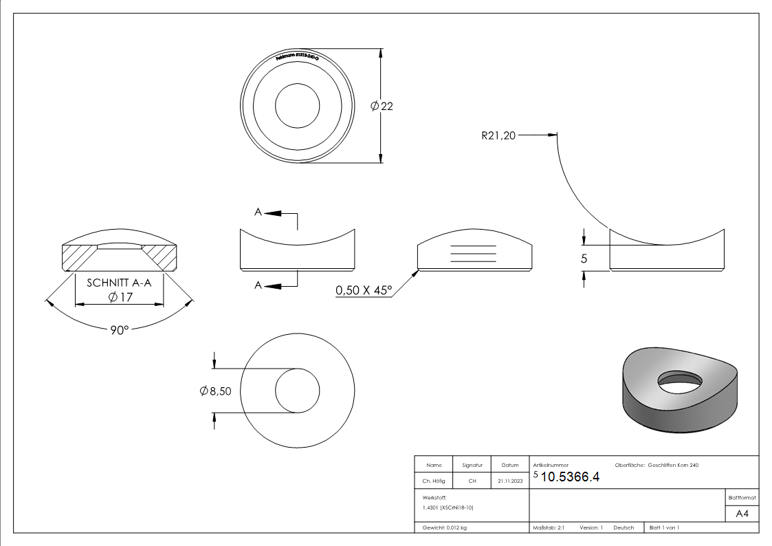 Pièce de compensation | pour raccordement : Ø 42,4 mm | Ø extérieur : 22 mm | V2A