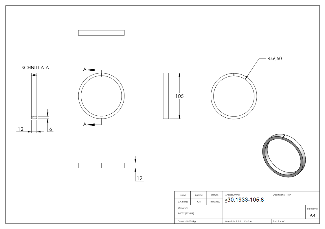 Anneau | Matériau : 12x6 mm | Ø extérieur 105 mm | Acier S235JR, brut