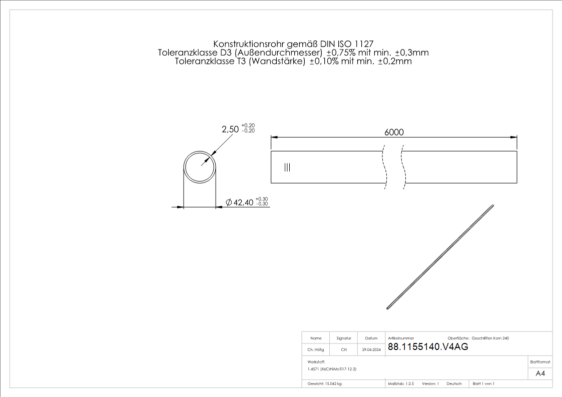 Tube en acier inoxydable V4A recuit 42,4x2,5mm, L=6mtr.