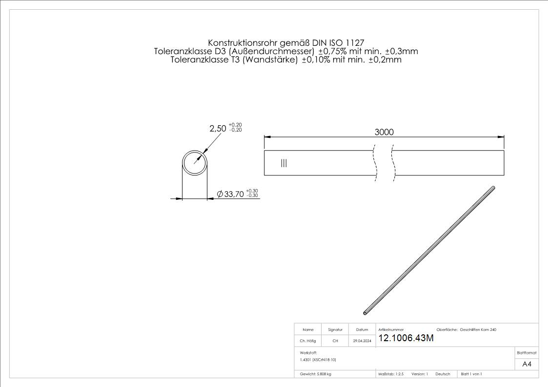 Tube rond Ø 33,7x2,5 mm á 3 m V2A