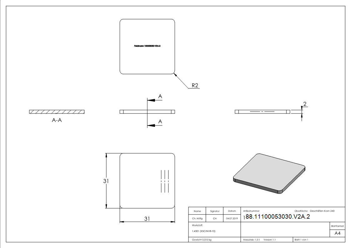 V2A capuchon plat pour QR 30x30