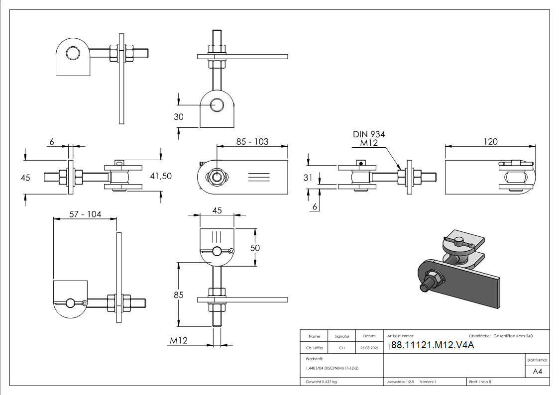 Charnière de portail réglable à 180°, filetage M12, V4A