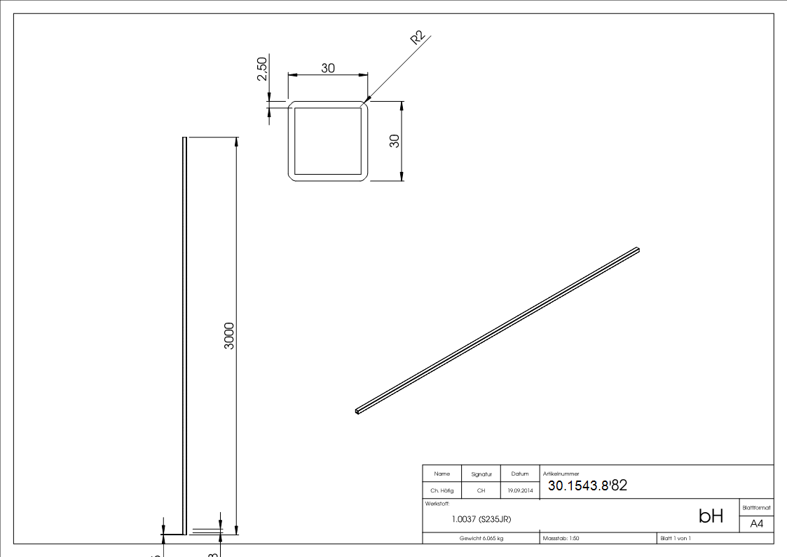 Tube carré | martelé | dimensions : 30x30x2,5 mm | longueur : 3000 mm | acier S235JR, brut