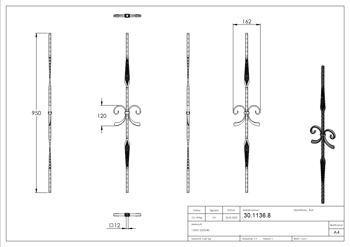 Barre décorative | longueur : 900 mm | matériau : 12x12 mm forgé | acier S235JR, brut