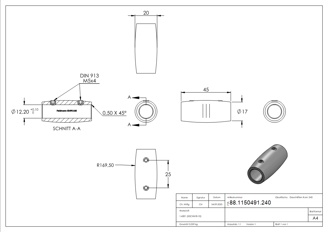 Connecteur pour rond de 12mm, longueur : 45mm, Ø 20m