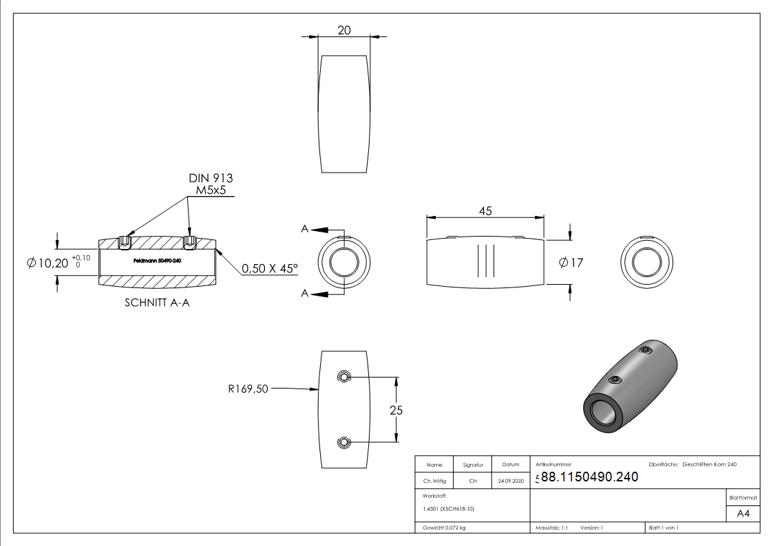 Connecteur pour rond de 10mm, longueur : 45mm, Ø 20m